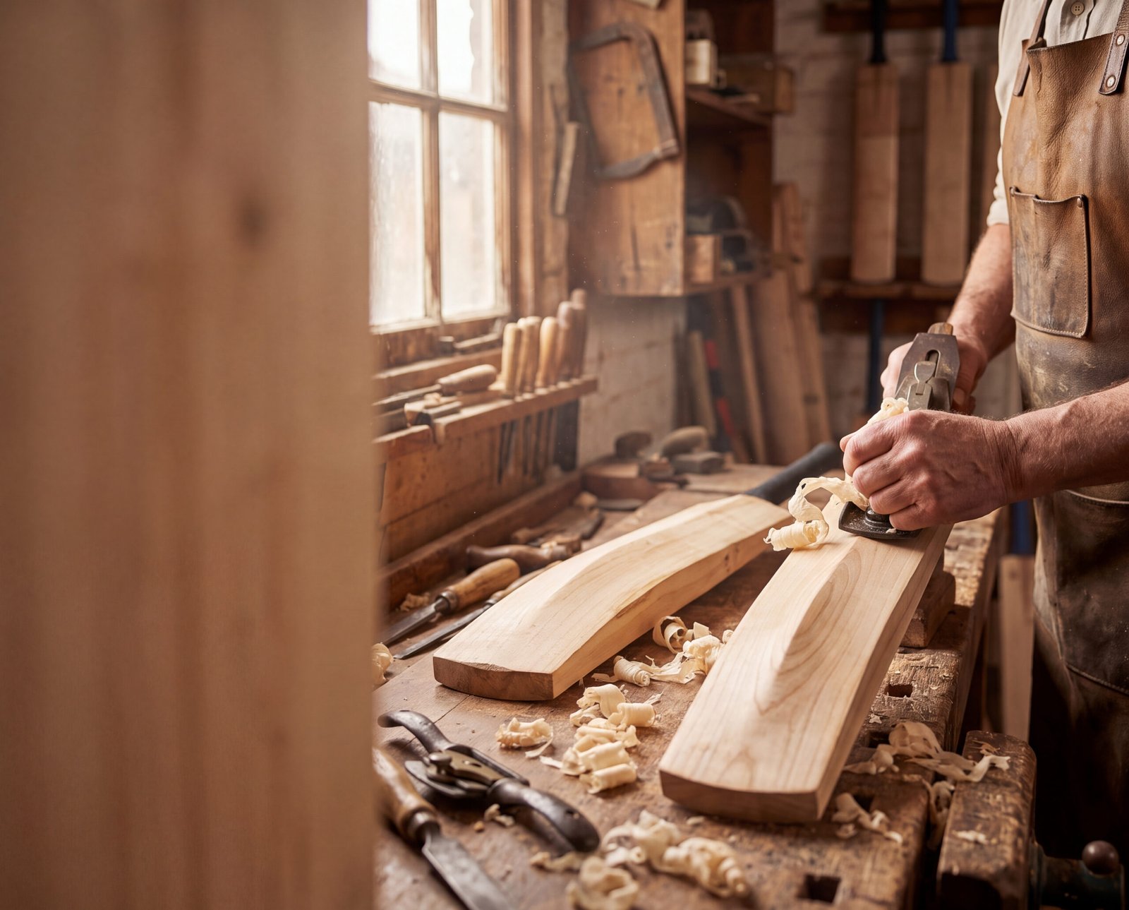 Craftsman hand-planing a willow cleft on a workbench in a traditional bat-making workshop